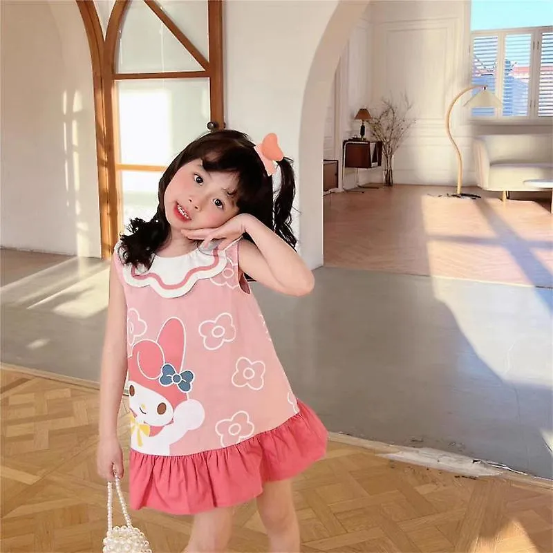 Anime Kawaii Sanrios Hellokittys My Melody Summer Girl Beach Dresses Baby Lace Vest Skirt Print Cute Princess Dress Kids Clothes