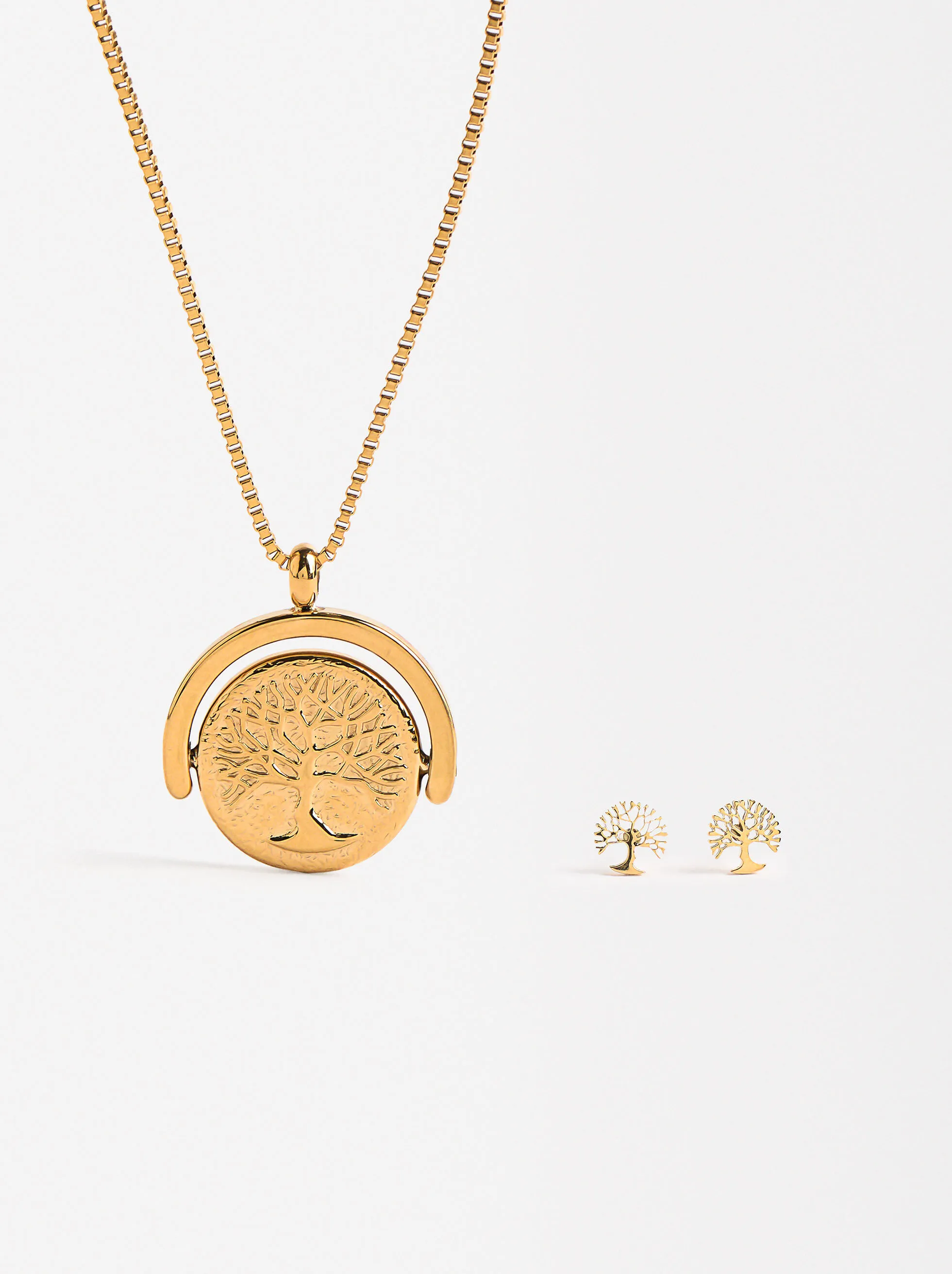 Conjunto De Collar Spinner Y Pendientes Árbol - Acero Inoxidable