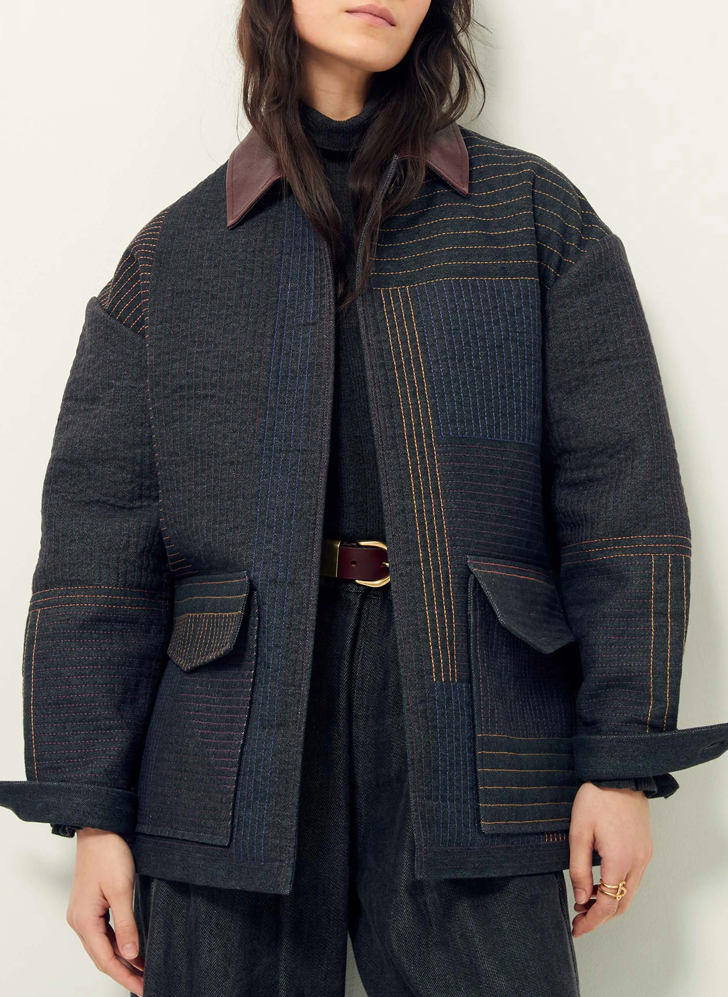 SESSUN MIREA - Chaqueta holgada bordada en denim de algodón en azul