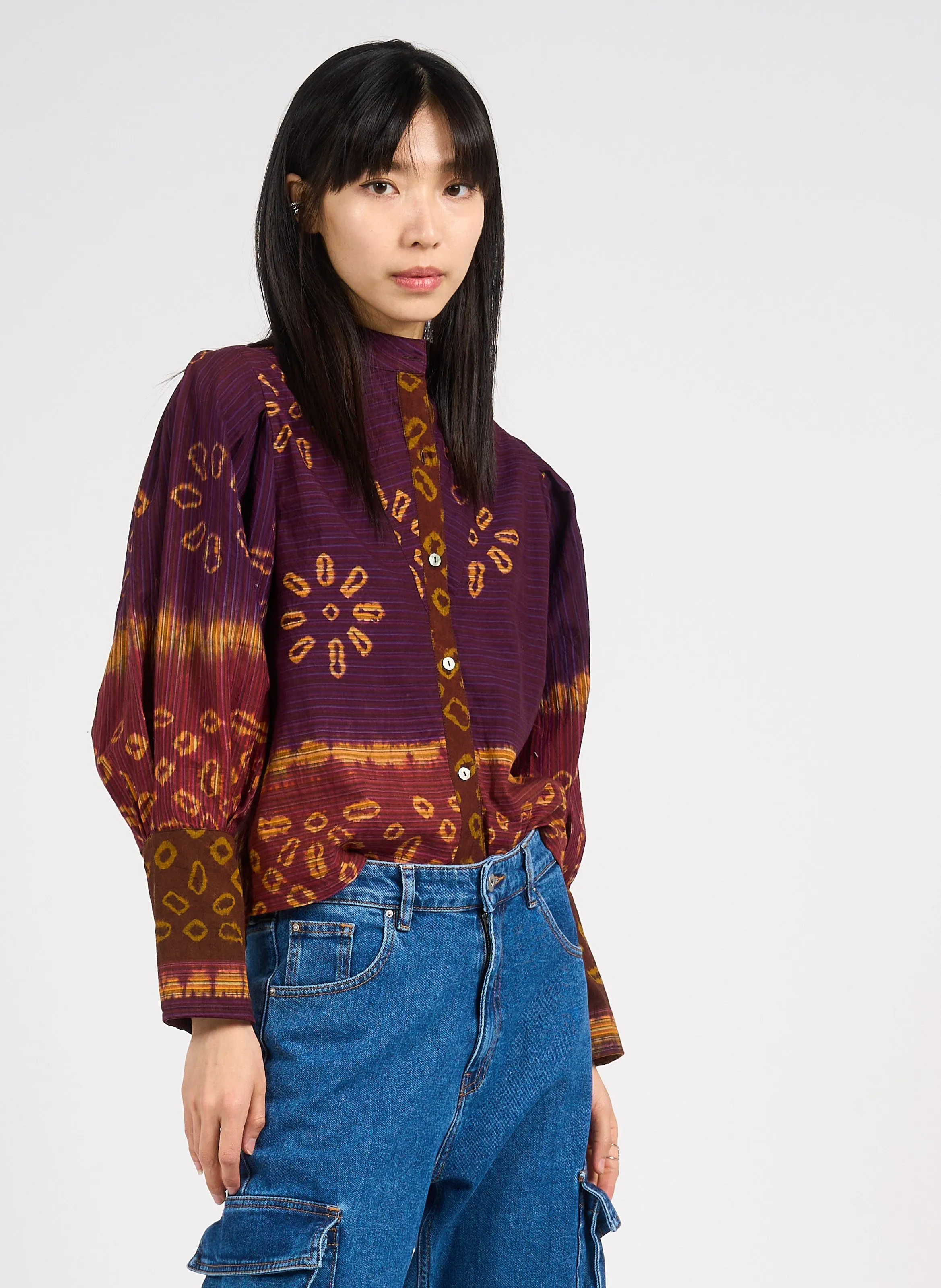 V DE VINSTER SEE - Camisa de algodón estampada con cuello redondo en violeta